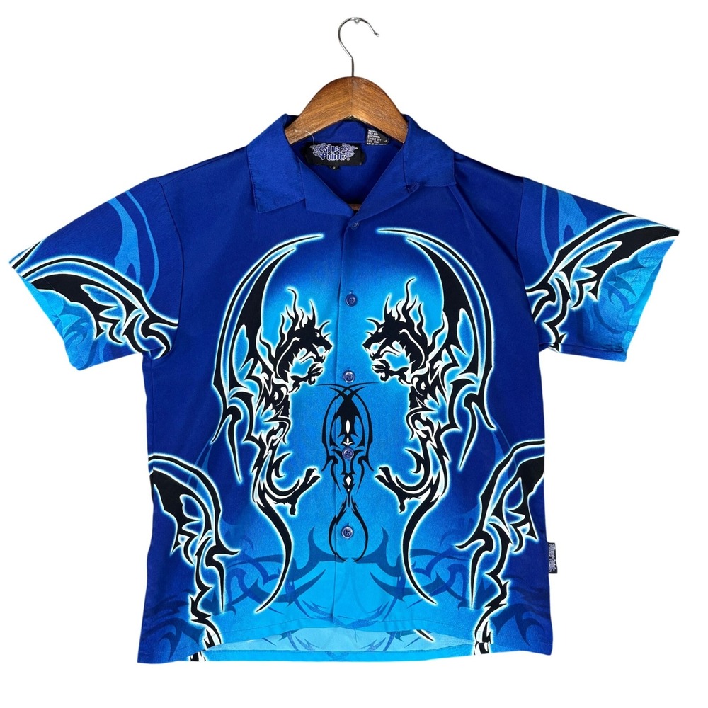 Silver Point Mens Blue Tribal Dragon Graphic Button Up Shirt Y2K Cyber S